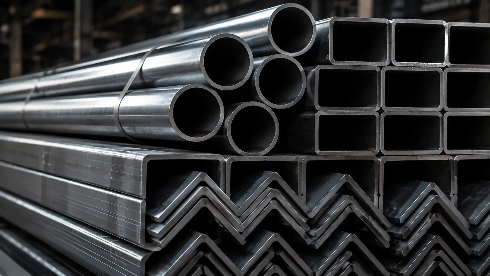 Tubos de acero, tubos cuadrados y perfiles angulares apilados en un depósito de metales.