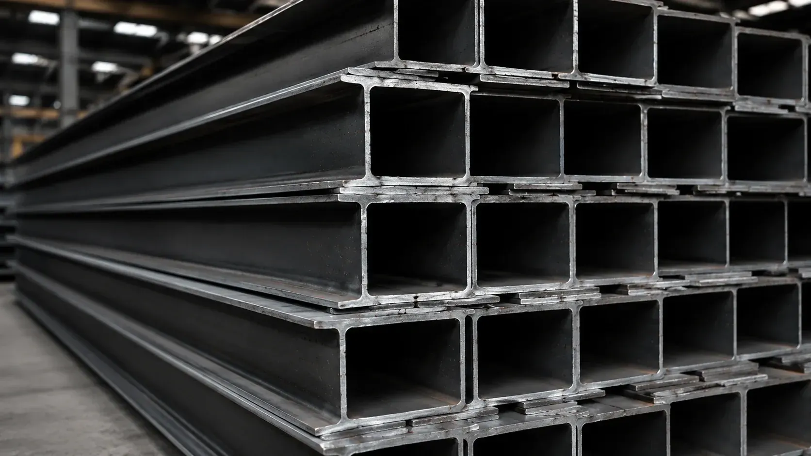 Vigas metálicas rectangulares de acero apiladas en un almacén o depósito de materiales de construcción.