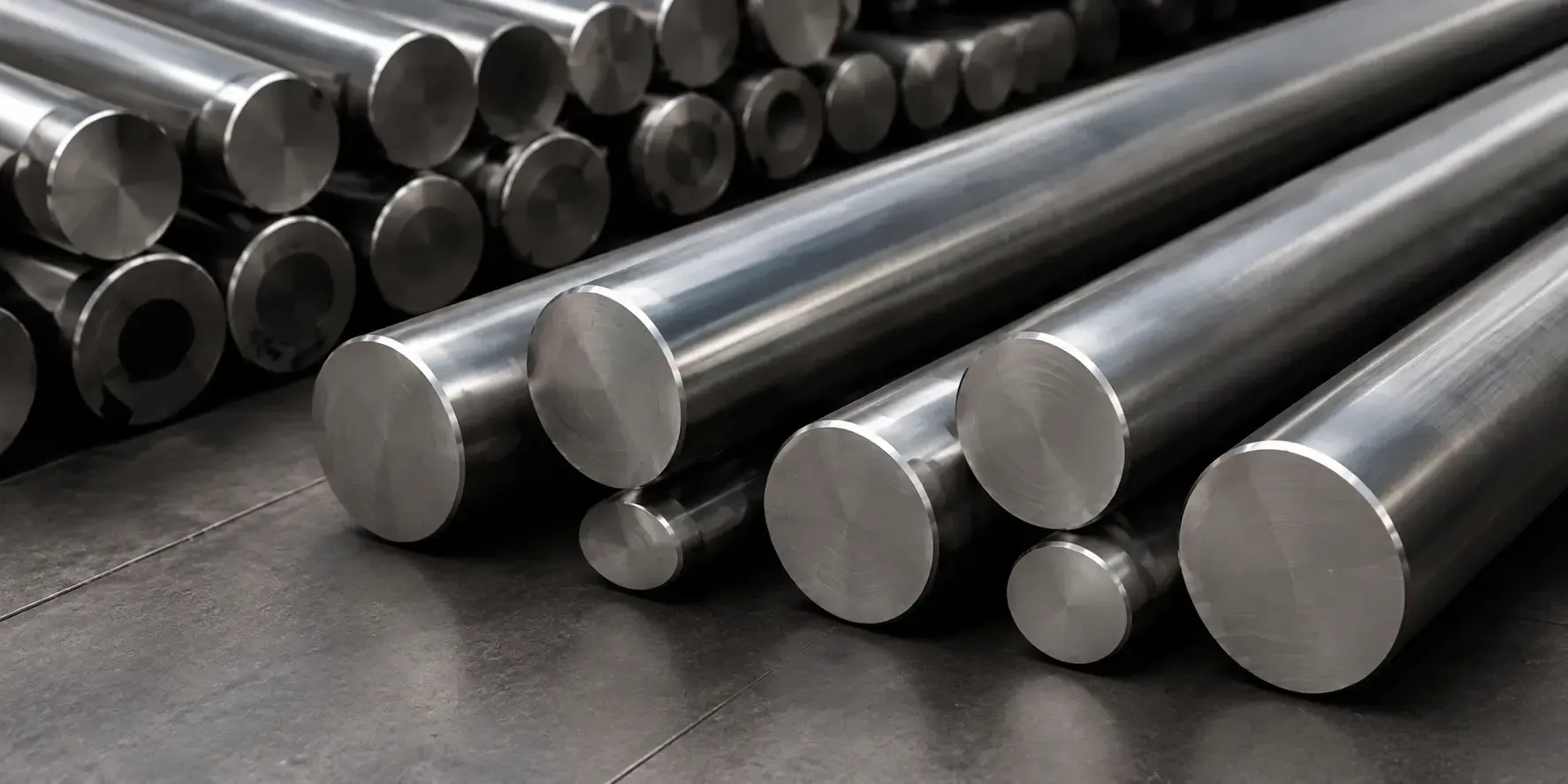 Barras y cilindros de metal plateado apilados en el suelo de una fábrica.