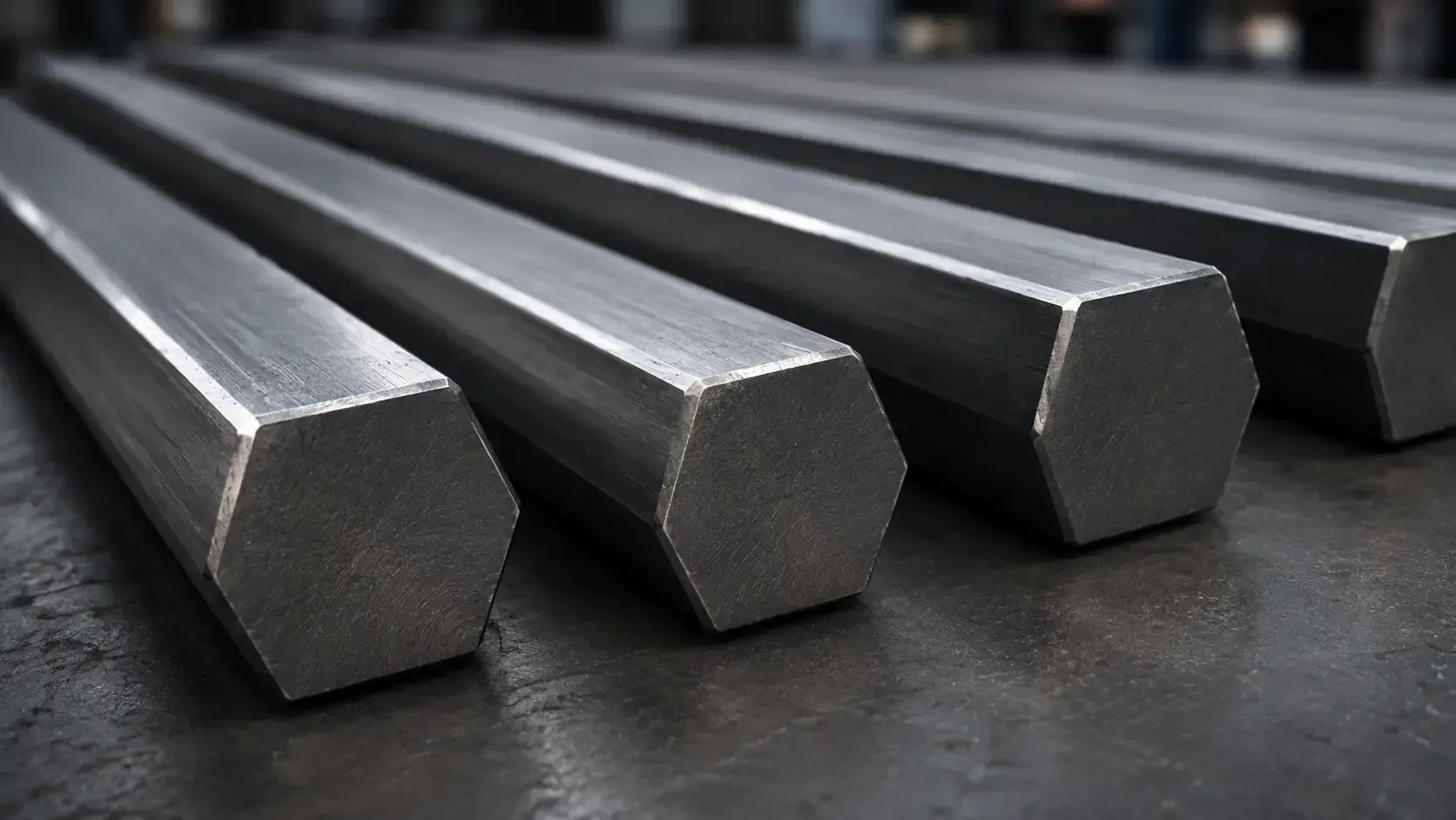 Barras de metal gris apiladas con extremos hexagonales sobre una superficie industrial oscura.