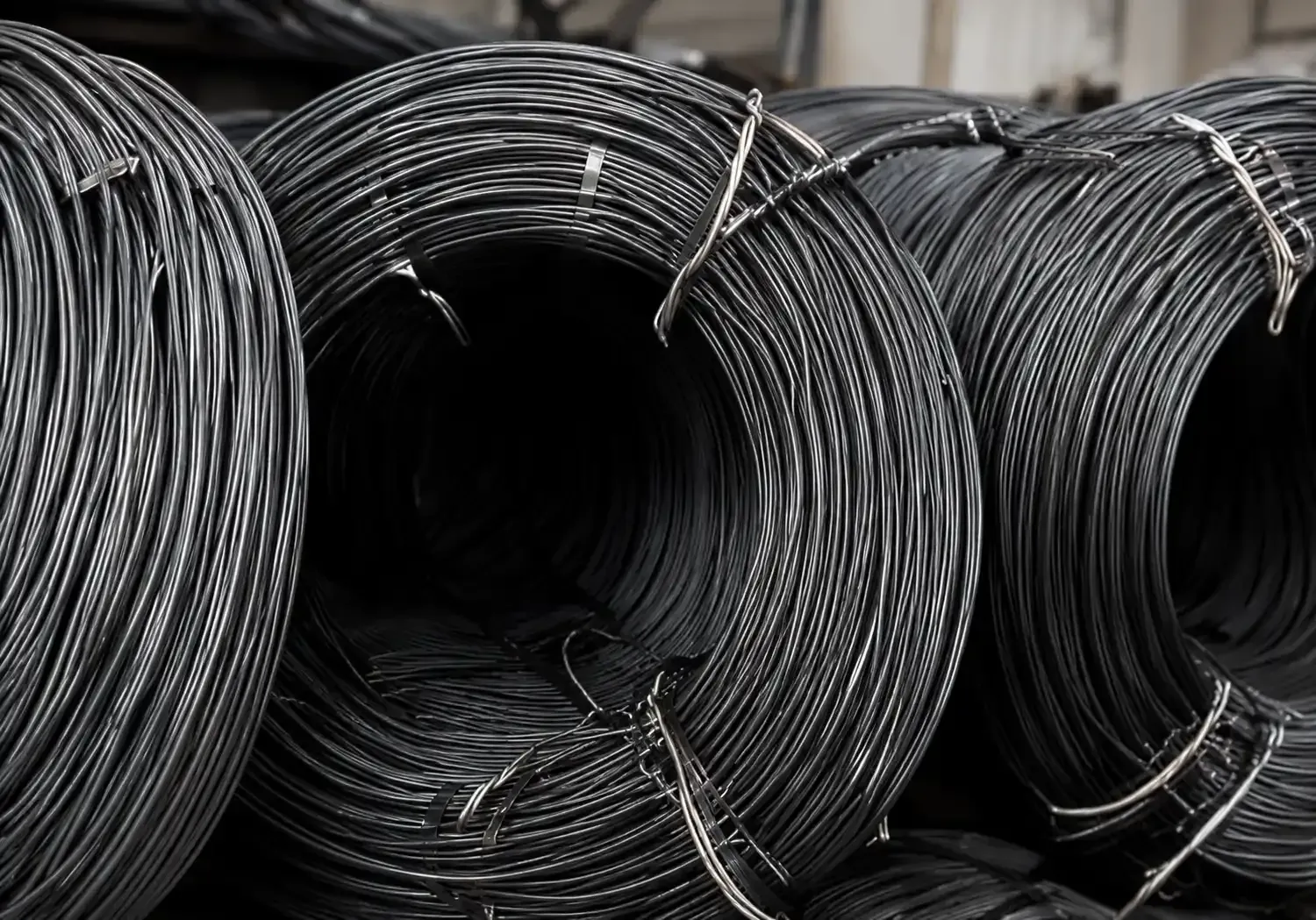 Barras de alambre de acero enrolladas y apiladas en haces, formando rollos circulares en un almacén o entorno industrial.