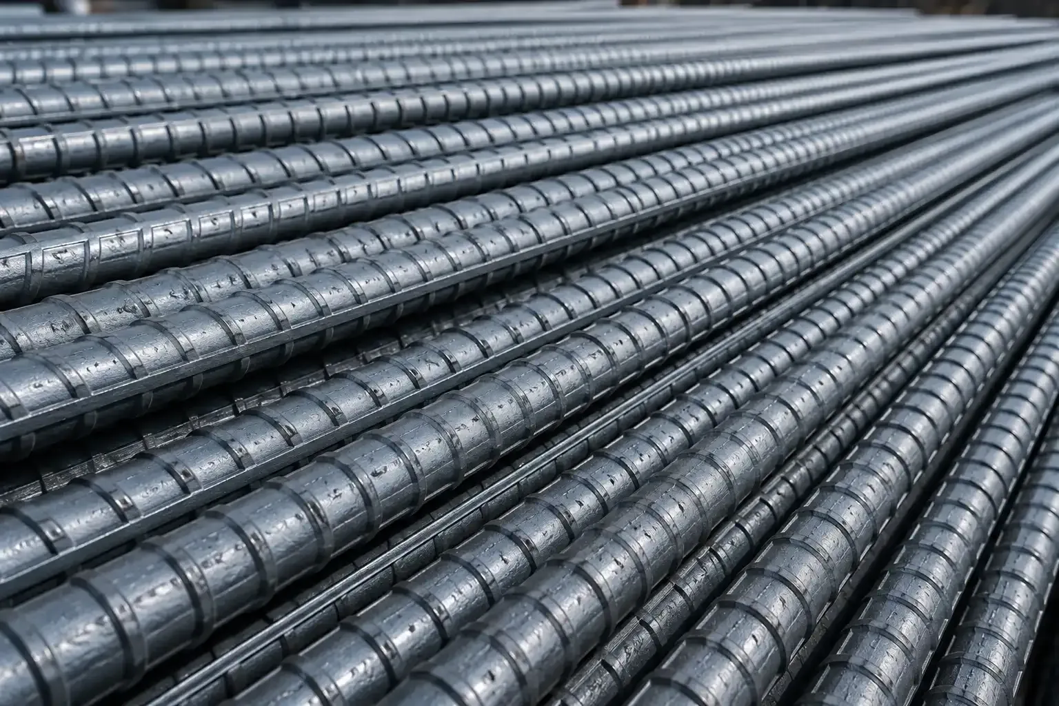 Hileras de varillas de acero corrugado apiladas en diagonal en un patio de construcción.
