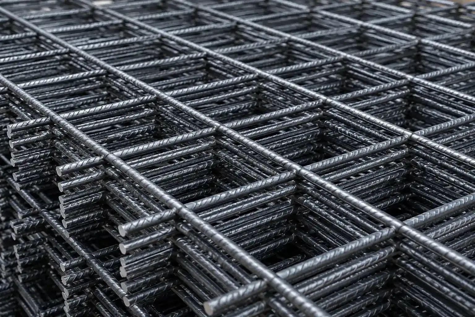 Paneles de malla metálica de refuerzo apilados y dispuestos en forma de cuadrícula en una obra de construcción.