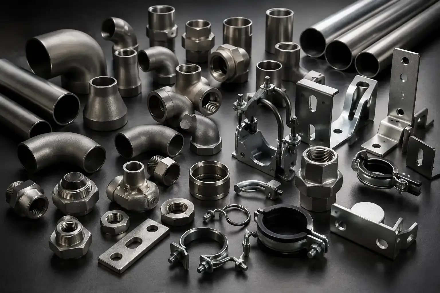 Accesorios de tubería, abrazaderas y soportes de metal negro de diversos tipos dispuestos sobre una superficie oscura.