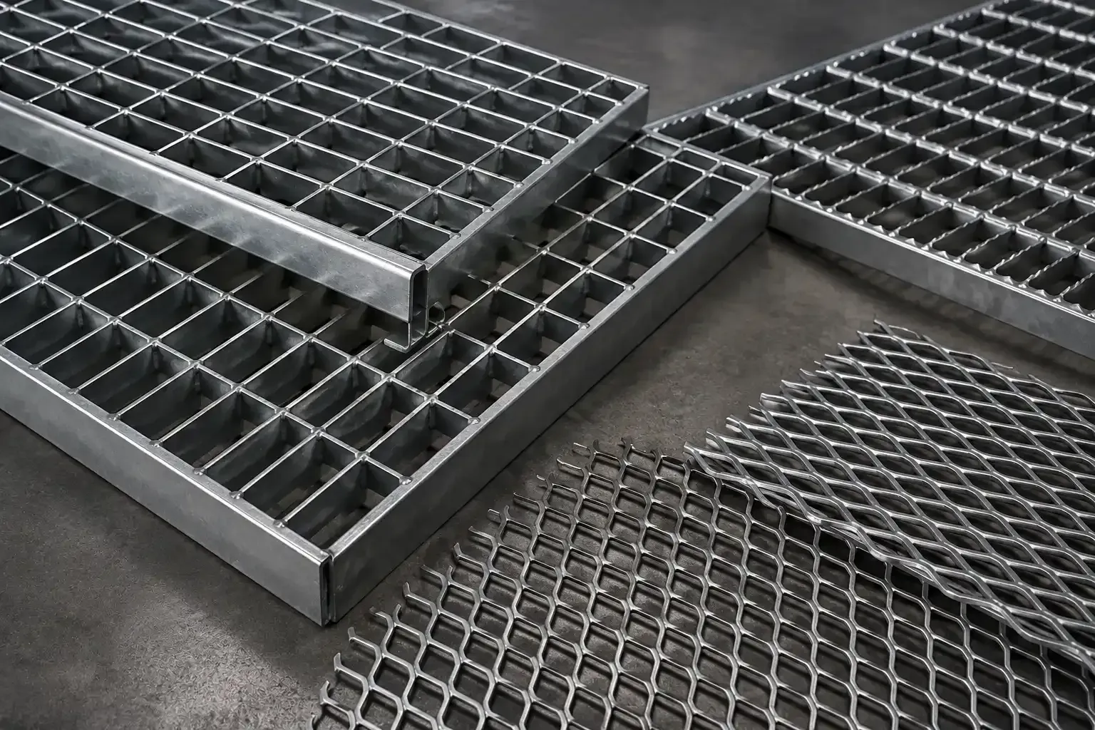 Rejillas metálicas apiladas sobre un suelo de hormigón en un entorno industrial.