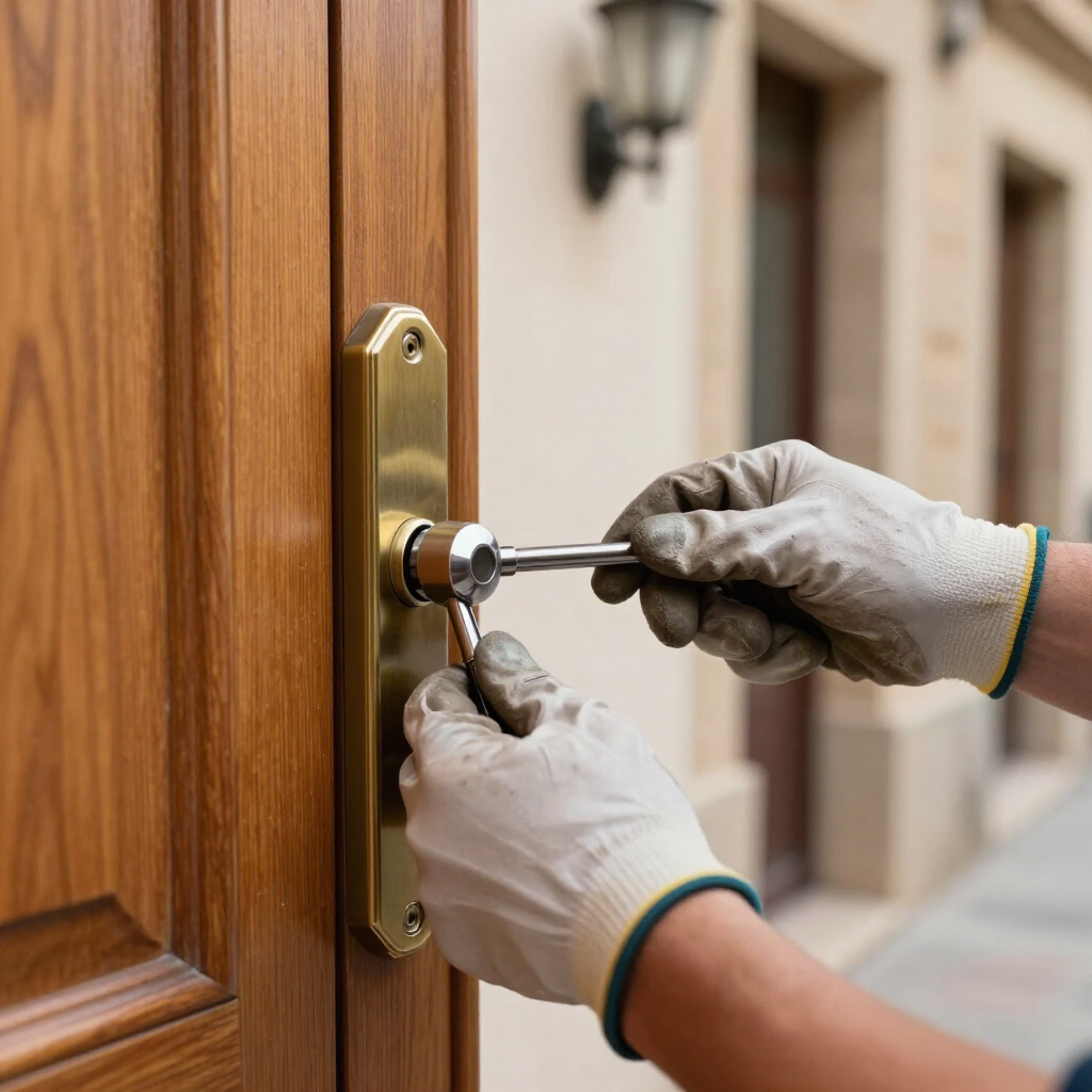 Manos enguantadas ajustando una cerradura de latón con un destornillador en una puerta de madera.