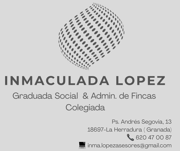 Tarjeta de visita de Inmaculada L&oacute;pez, licenciada en ciencias sociales y administradora de propiedades en La Herradura, Granada, con datos de contacto.