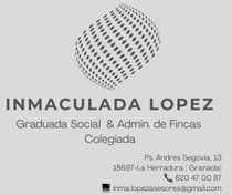 Tarjeta de visita de Inmaculada L&oacute;pez, licenciada en ciencias sociales y administradora de propiedades en La Herradura, Granada, con datos de contacto.