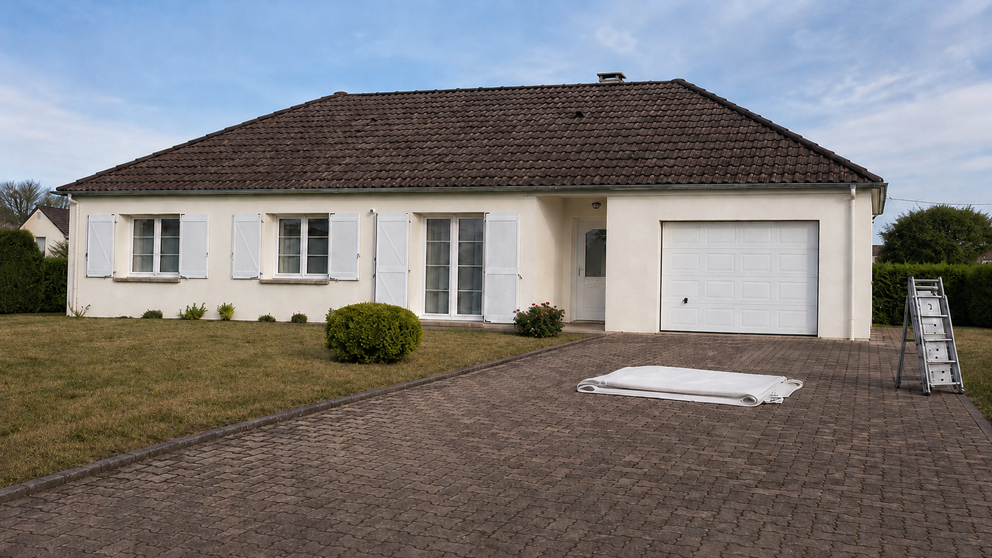 Maison de plain-pied de couleur crème avec toit foncé, garage et allée en gravier.