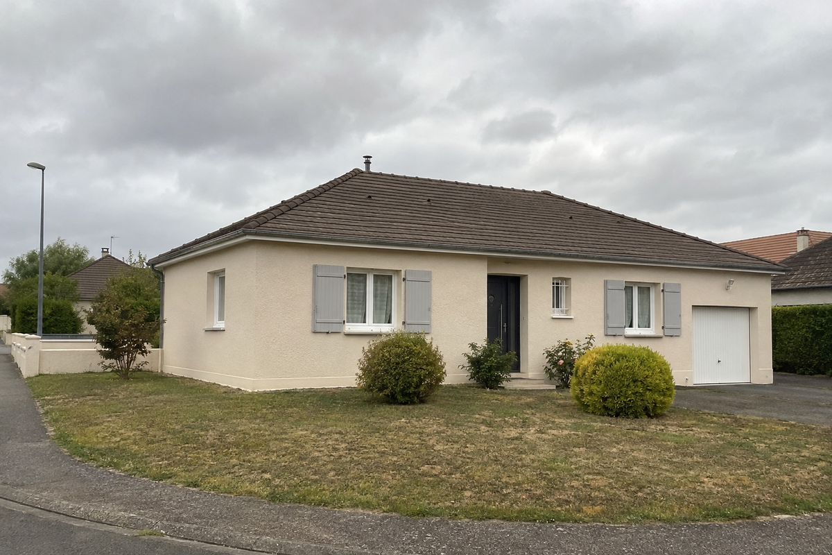 Maison beige de plain-pied avec un toit foncé, une pelouse devant et un garage sous un ciel nuageux.