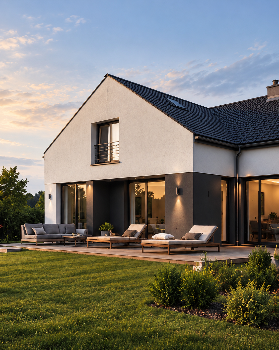 Maison blanche moderne avec toit foncé et terrasse aménagée dans un jardin paysager au coucher du soleil