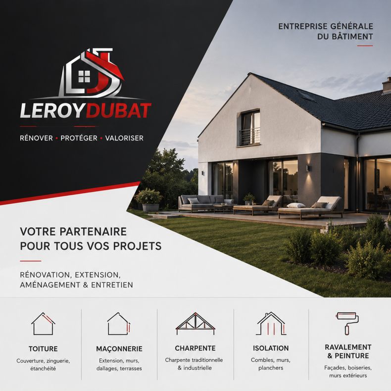 Publicité de Leroy Dubat pour la rénovation de maisons, avec photo de la maison, logo et icônes des services proposés : toiture, maçonnerie, charpente, isolation et peinture.