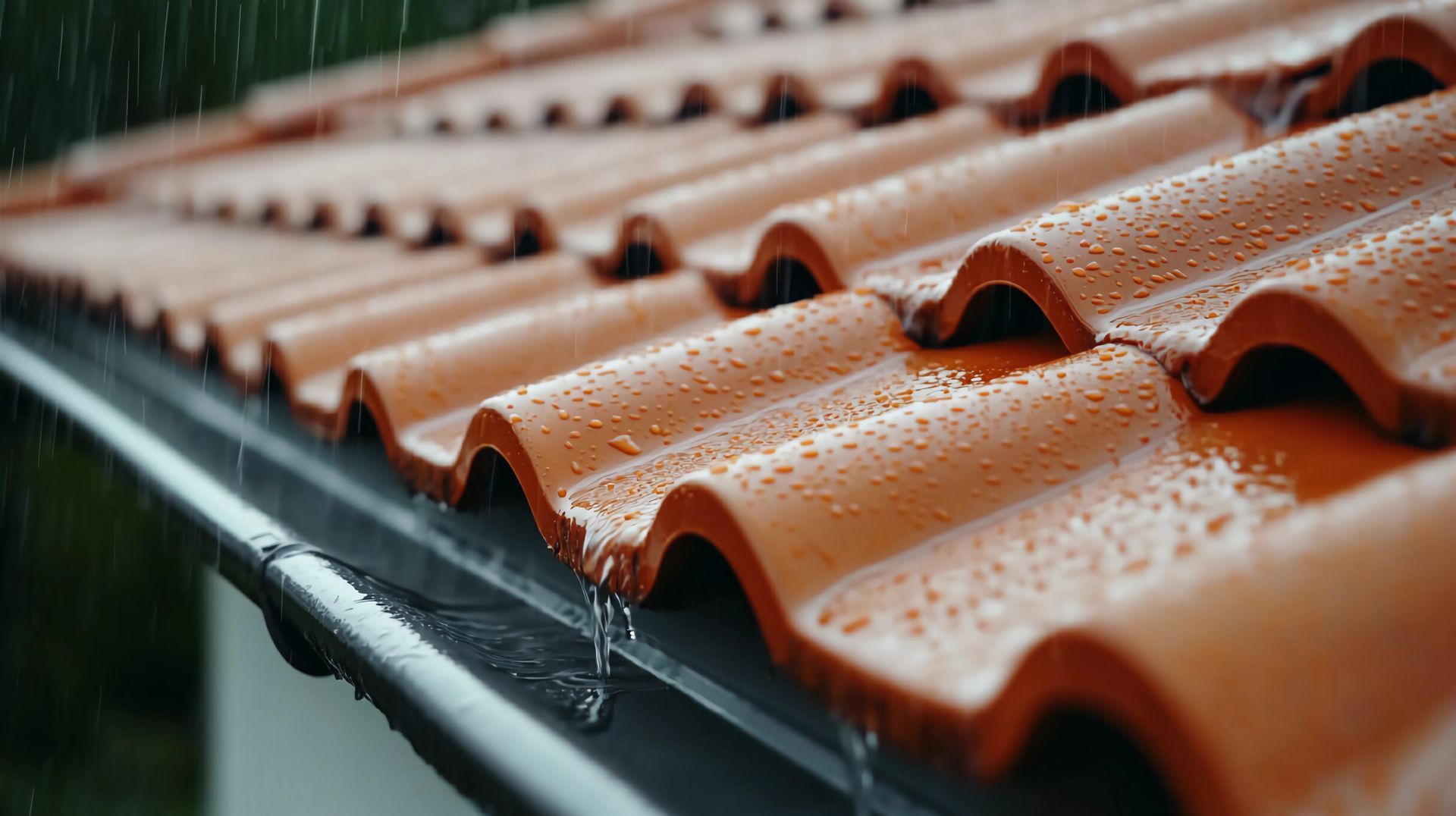 Toiture en tuiles de terre cuite rouge avec des gouttelettes d'eau et une gouttière en dessous