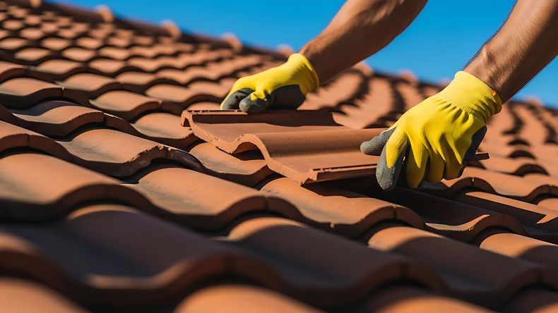 Des mains gantées de jaune réparent des tuiles de toit en terre cuite sous un soleil éclatant