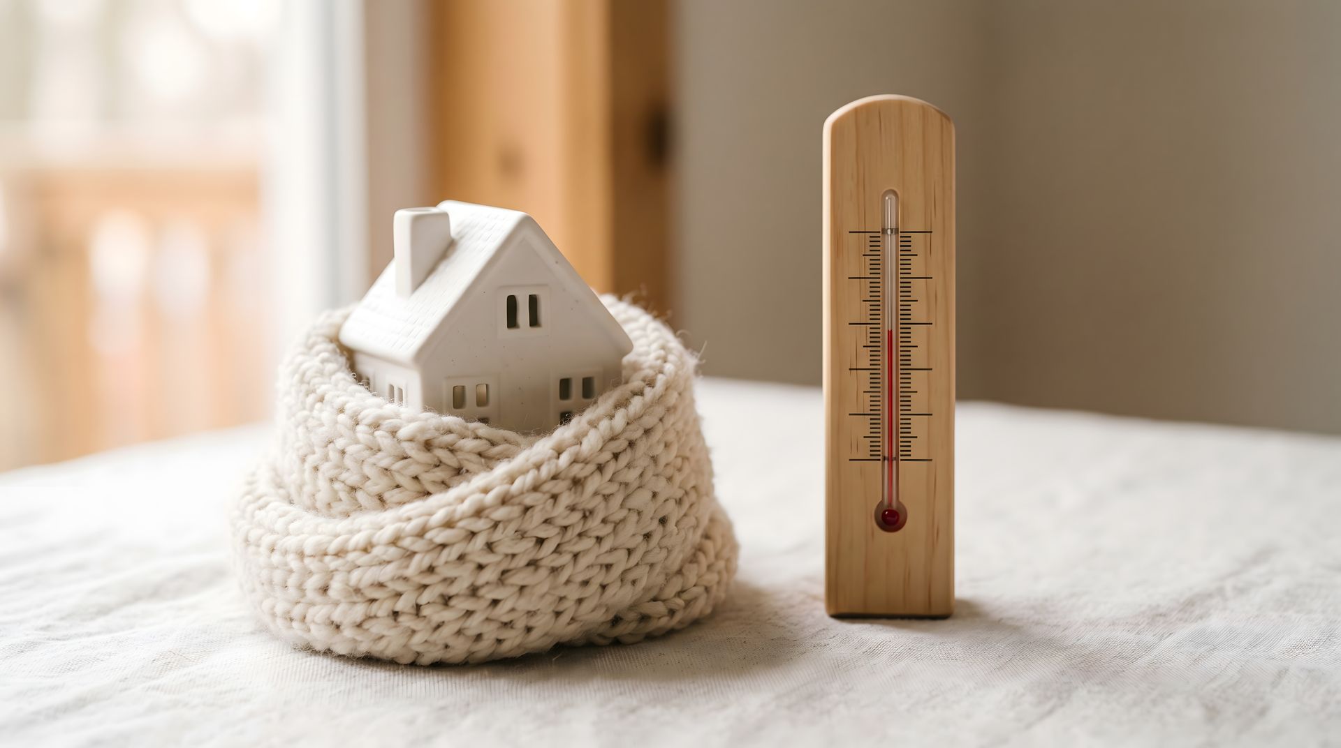 Maison blanche dans un panier tricoté à côté d'un thermomètre en bois sur une table lumineuse