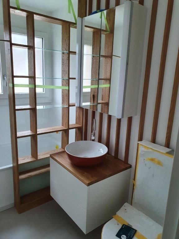 Ein Badezimmer mit Waschbecken, Spiegeln, Regalen und Toilette.