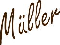Das Wort „Müller“ ist in Braun auf weißem Hintergrund geschrieben.
