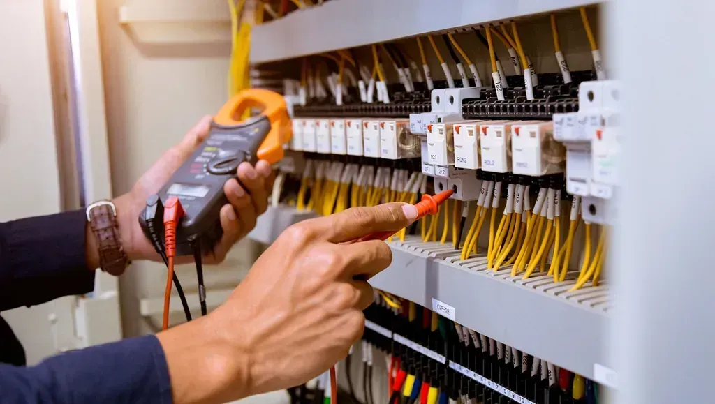 Una persona sostiene un disyuntor en su mano.