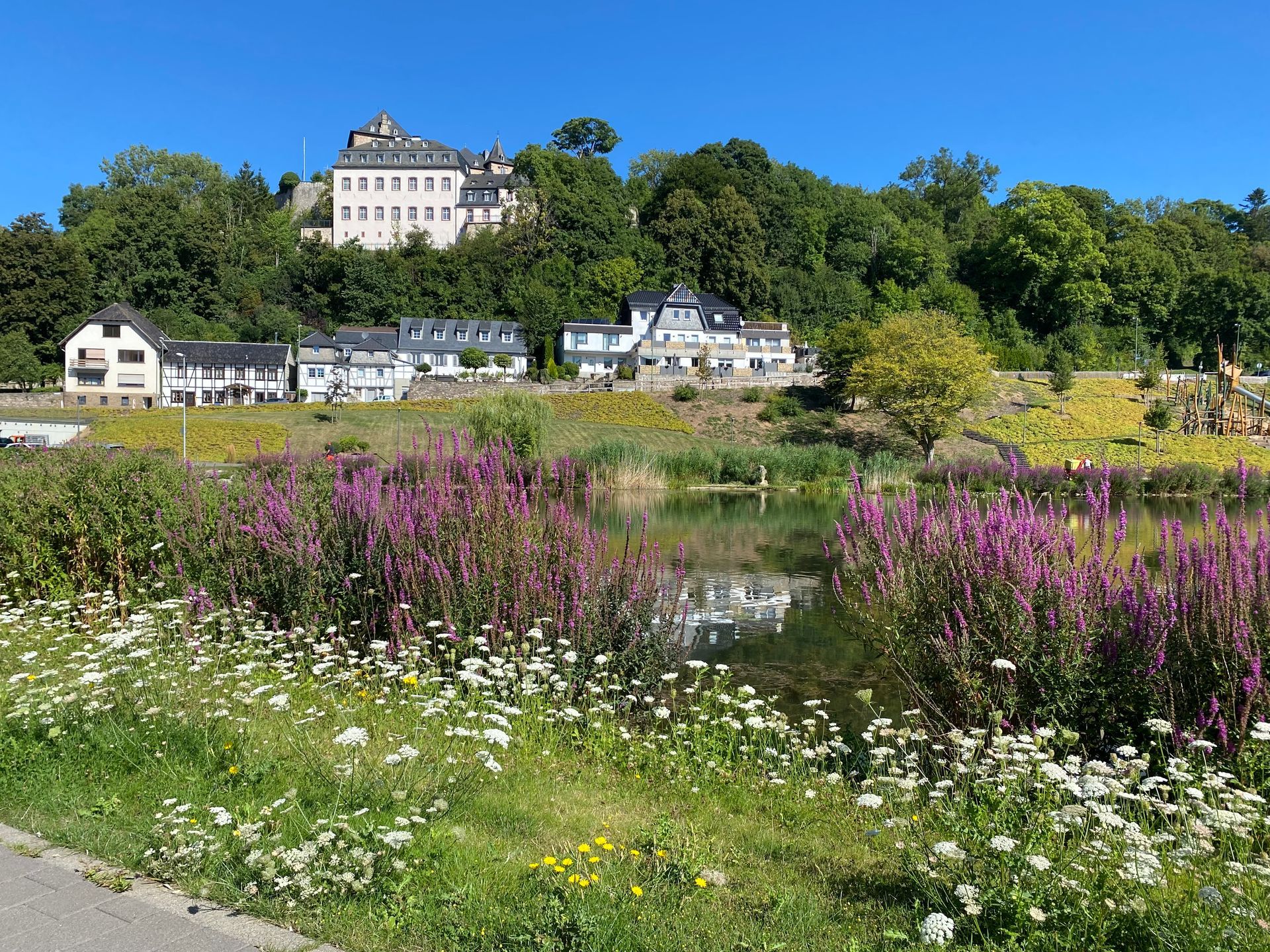 Malerische Aussicht: Schloss auf einem Hügel mit Blick auf eine Stadt mit einem See und blühenden Blumen.