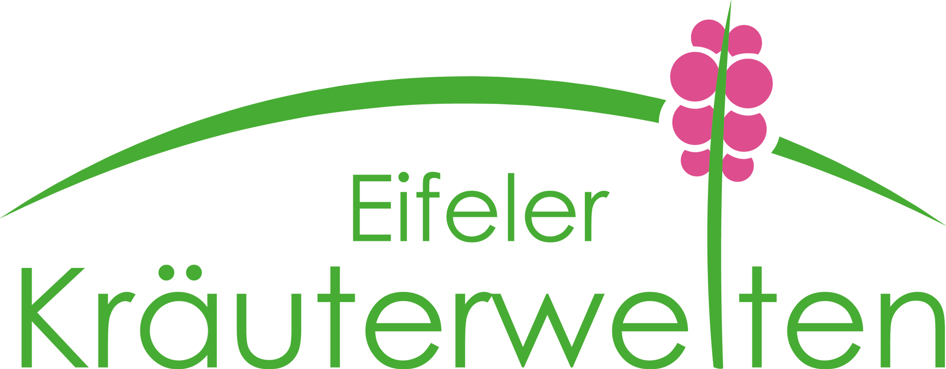 Logo mit Schriftzug Eifeler Kräuterwelten in saftigem Grün mit einer stilisierten Blume mit rosa Blüten