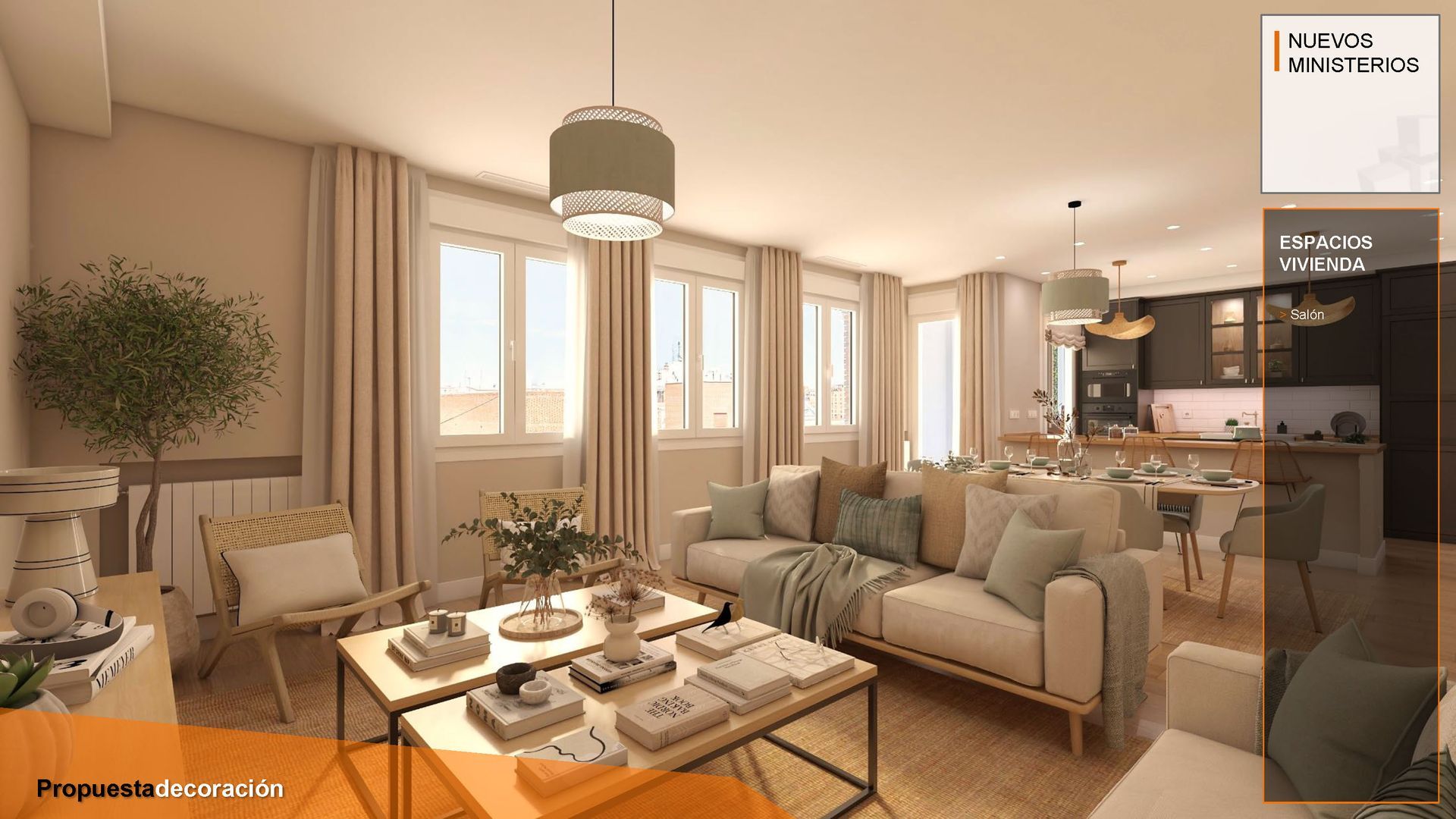 Luminoso salón moderno con sofá beige, mesa de centro, grandes ventanales y cocina al fondo.