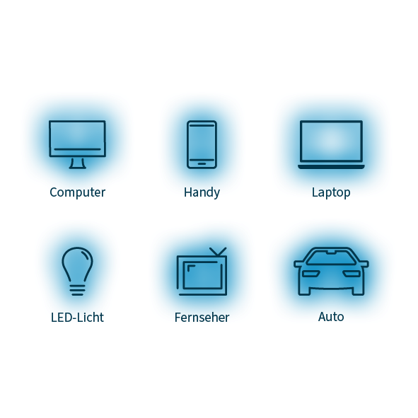 Symbole für Computer, Telefon, Laptop, Glühbirne, Fernseher und Auto, alle in leuchtendem Blau.