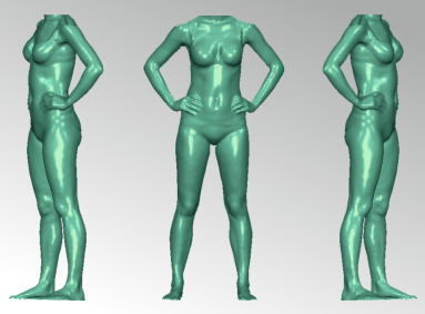 Drei grüne Schaufensterpuppen mit den Händen auf den Hüften