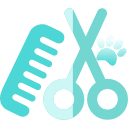 Peine y tijeras color verde azulado con estampado de pata, para el cuidado de mascotas.