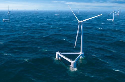 Aerogeneradores marinos en un océano azul, con un aerogenerador grande en primer plano