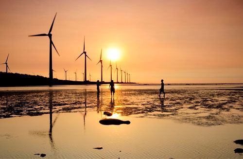 Aerogeneradores recortados contra el atardecer sobre una costa reflectante