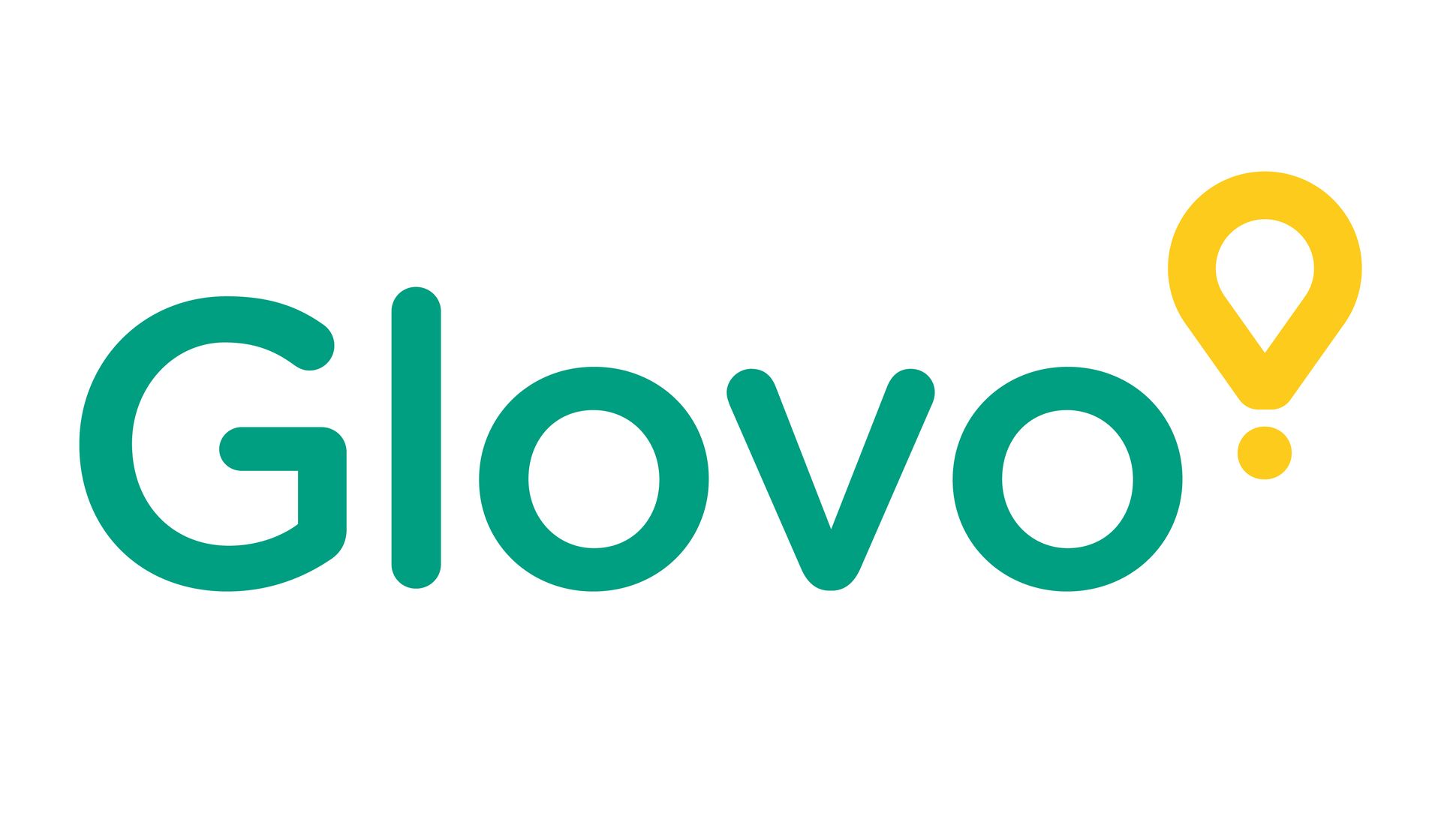 Logotipo de Glovo: texto verde con un icono de marcador de ubicación amarillo.