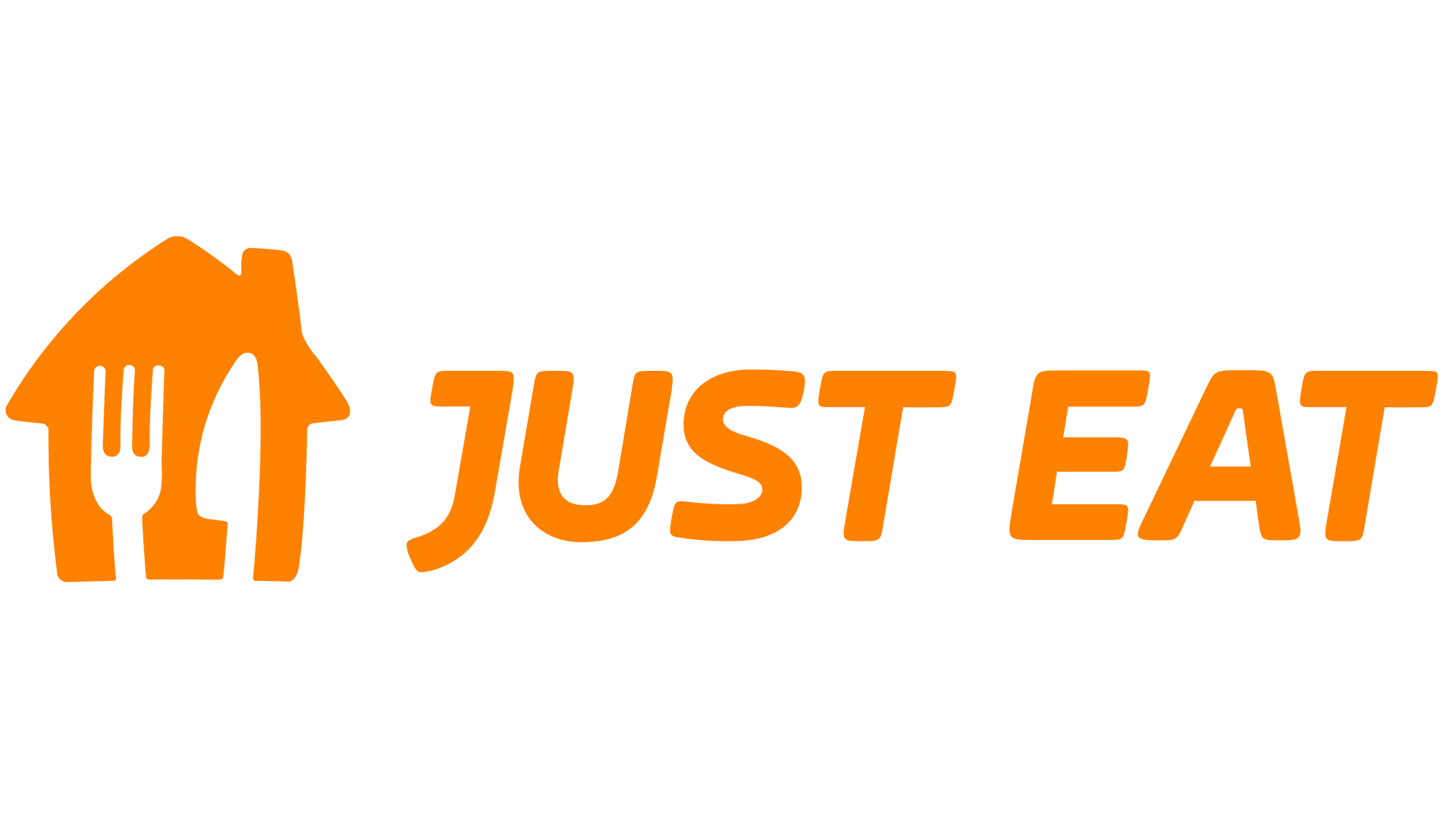Logotipo naranja de Just Eat: una casa con un tenedor y un cuchillo, al lado del texto 