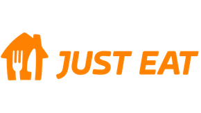 Logotipo naranja de Just Eat: una casa con un tenedor y un cuchillo, al lado del texto 