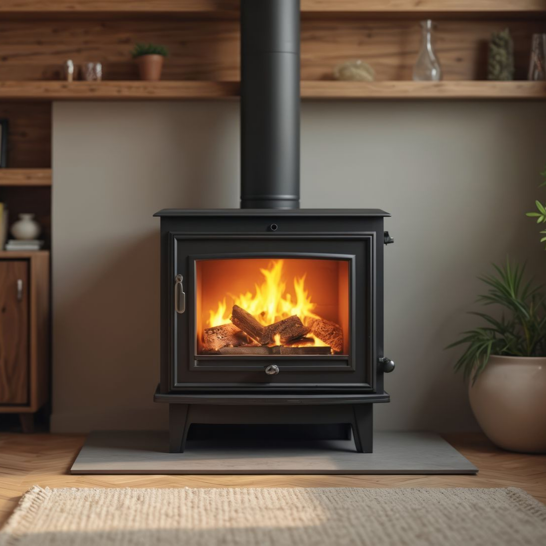 Dans une pièce moderne et chaleureuse aux étagères en bois, un poêle à bois noir avec un feu allumé trône sur un foyer en pierre.