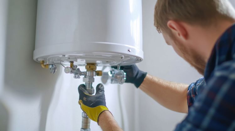Une personne portant des gants de travail serre un raccord situé au bas d'un chauffe-eau blanc fixé au mur.