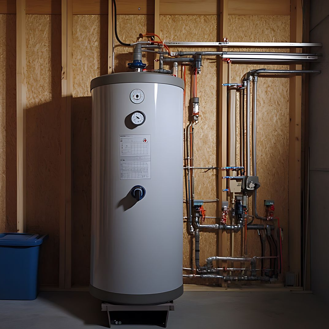 Un gros chauffe-eau cylindrique gris repose sur un socle métallique devant des montants muraux en bois brut et des tuyaux de plomberie.