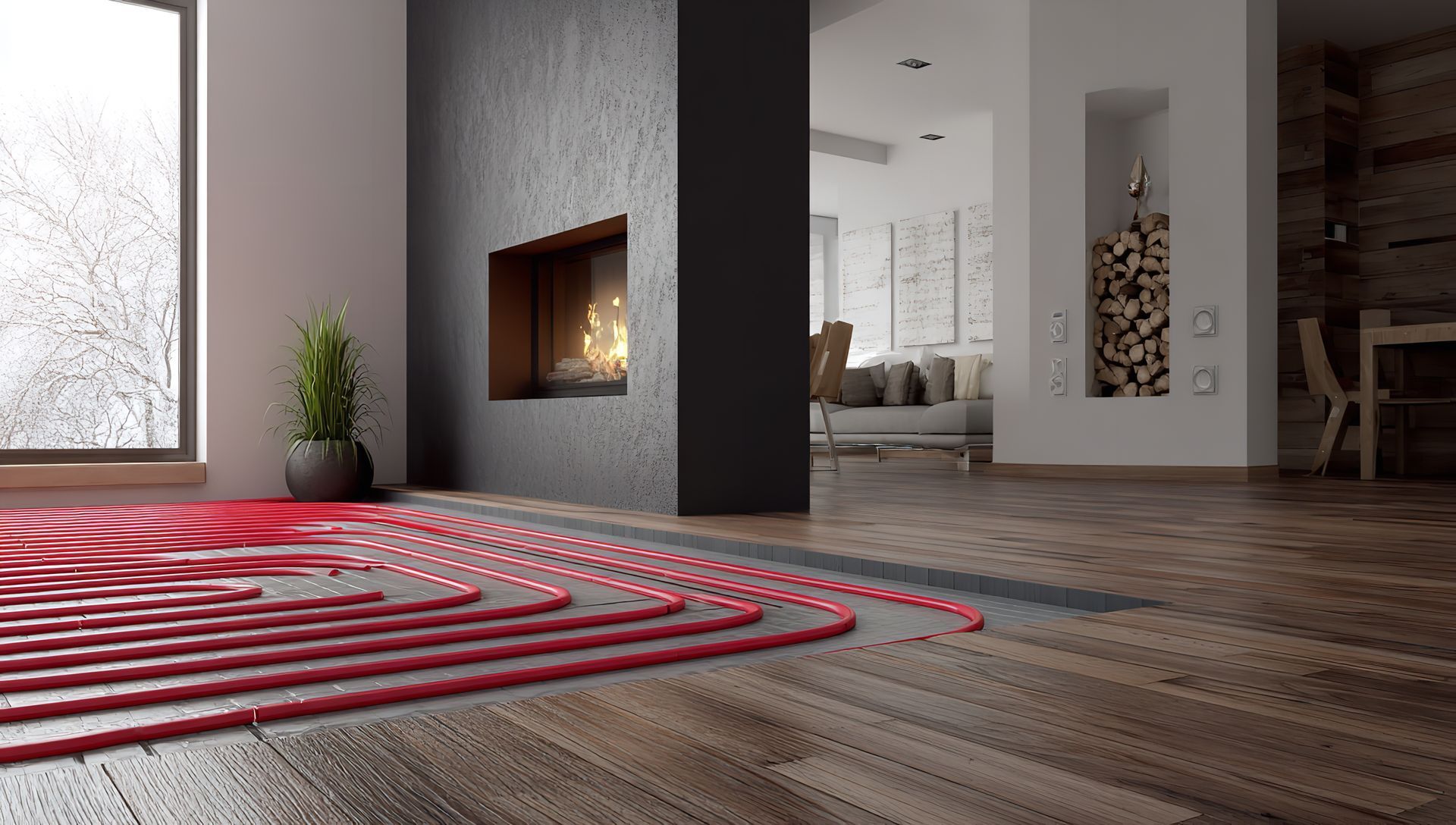 Tuyaux de chauffage au sol rayonnant installés sous un plancher en bois dans une pièce moderne avec cheminée.