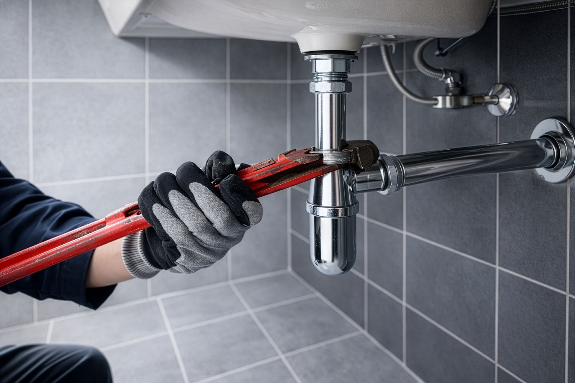 Une personne portant des gants de travail utilise une grande clé à pipe rouge pour serrer un siphon chromé sous un lavabo de salle de bains.