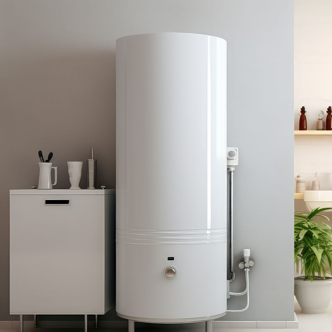 Un chauffe-eau vertical blanc se dresse dans une pièce, à côté d'un petit meuble assorti et d'une plante en pot.