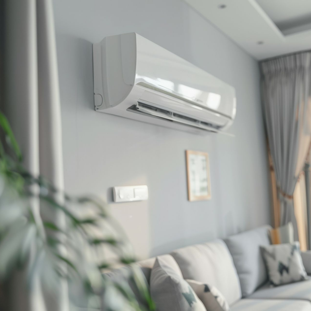 Un climatiseur mural blanc dans un salon moderne à l'éclairage tamisé, avec un canapé et des rideaux.