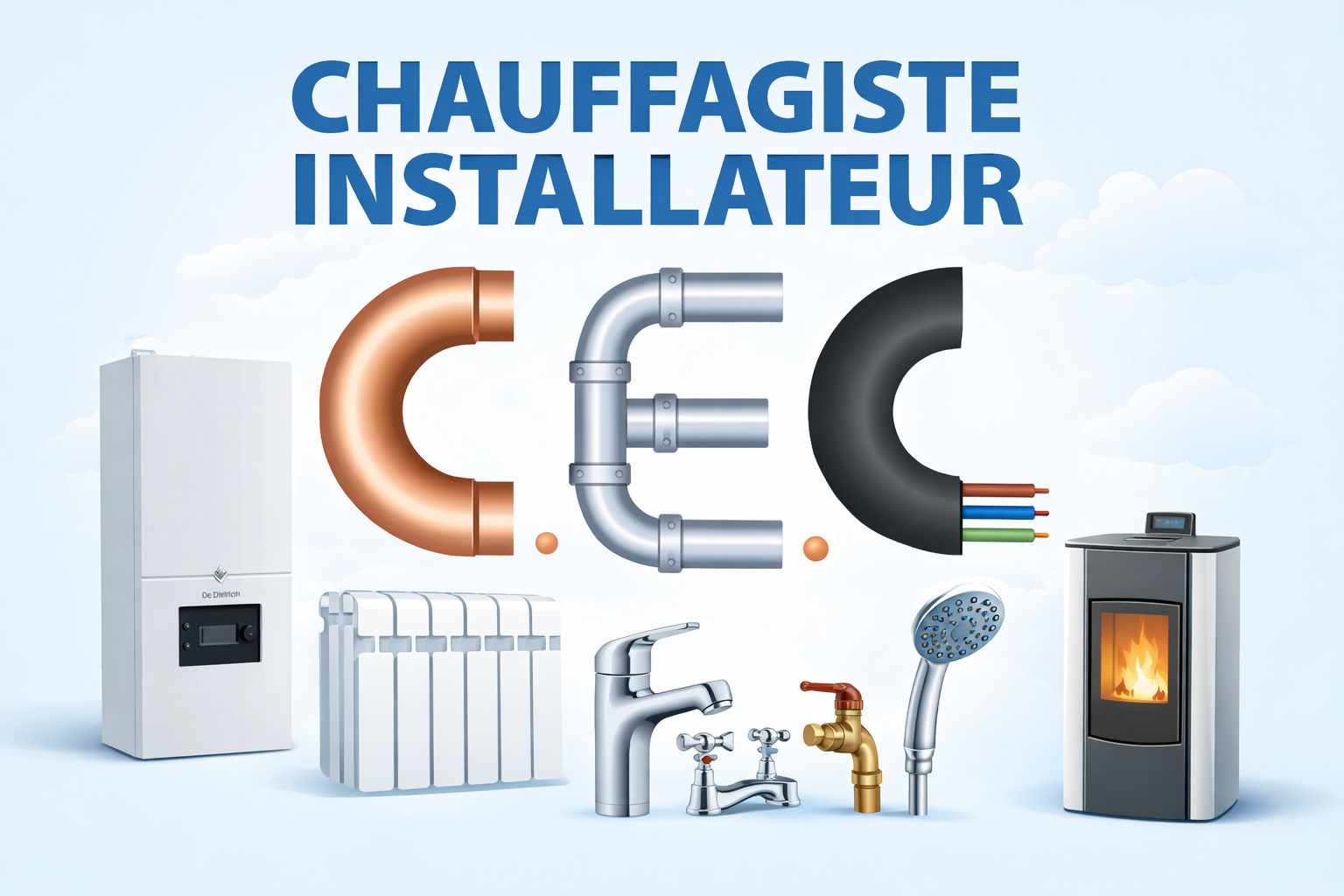 Fourgonnette de service blanche avec logo CEC, numéro de téléphone, site web et liste des services de plomberie et de chauffage sur le côté.