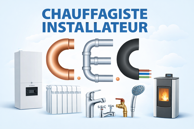Fourgonnette de service blanche avec logo CEC, numéro de téléphone, site web et liste des services de plomberie et de chauffage sur le côté.