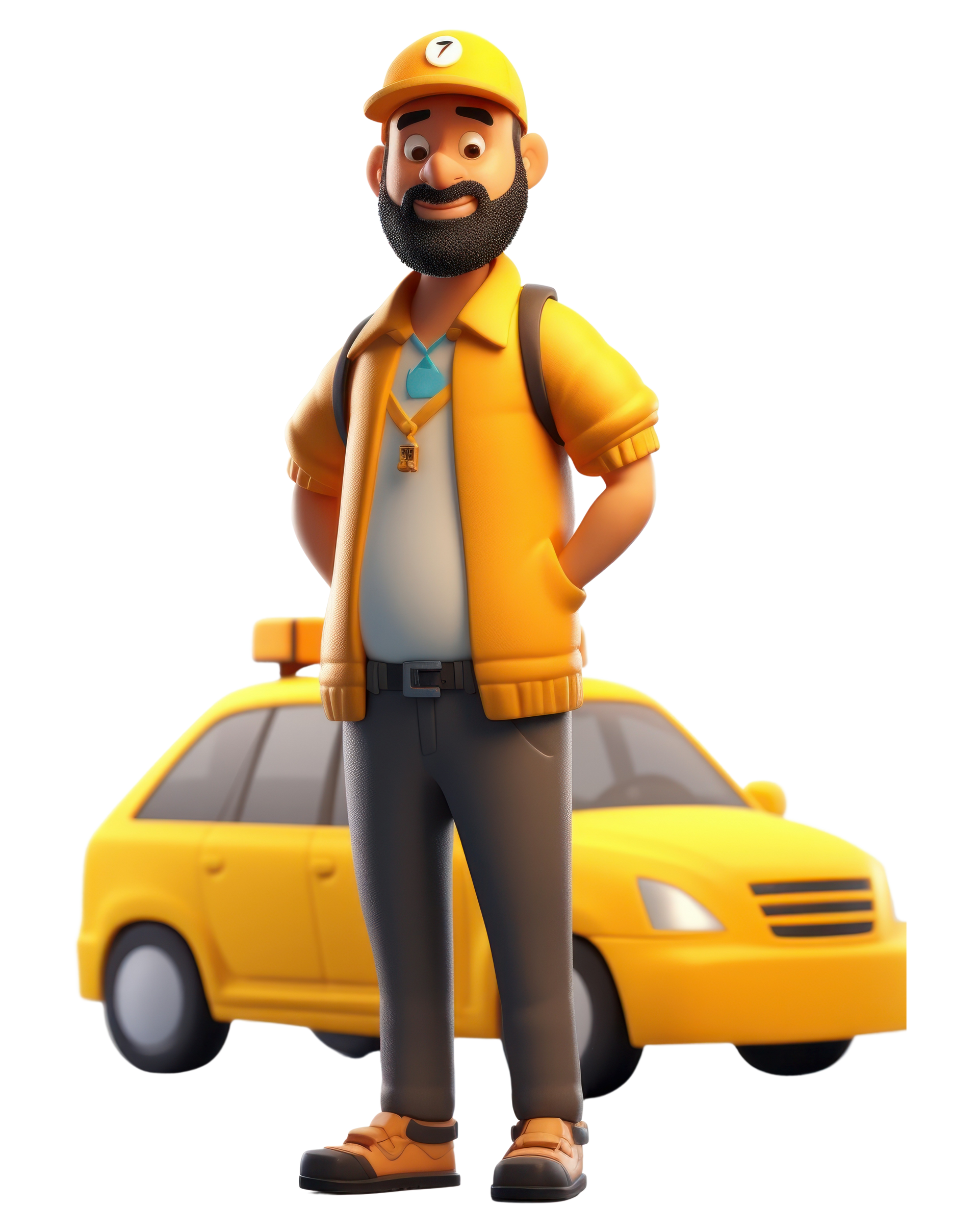 Un taxi jaune et son chauffeur devant