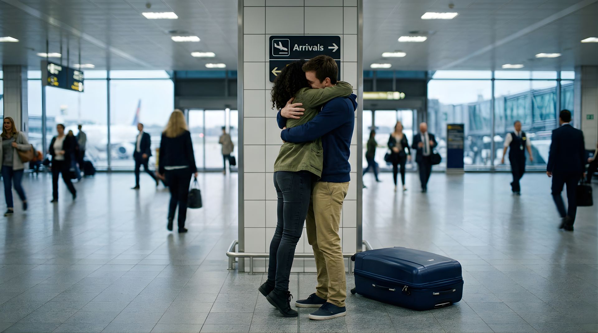 Un couple qui se retrouve dans un aéroport