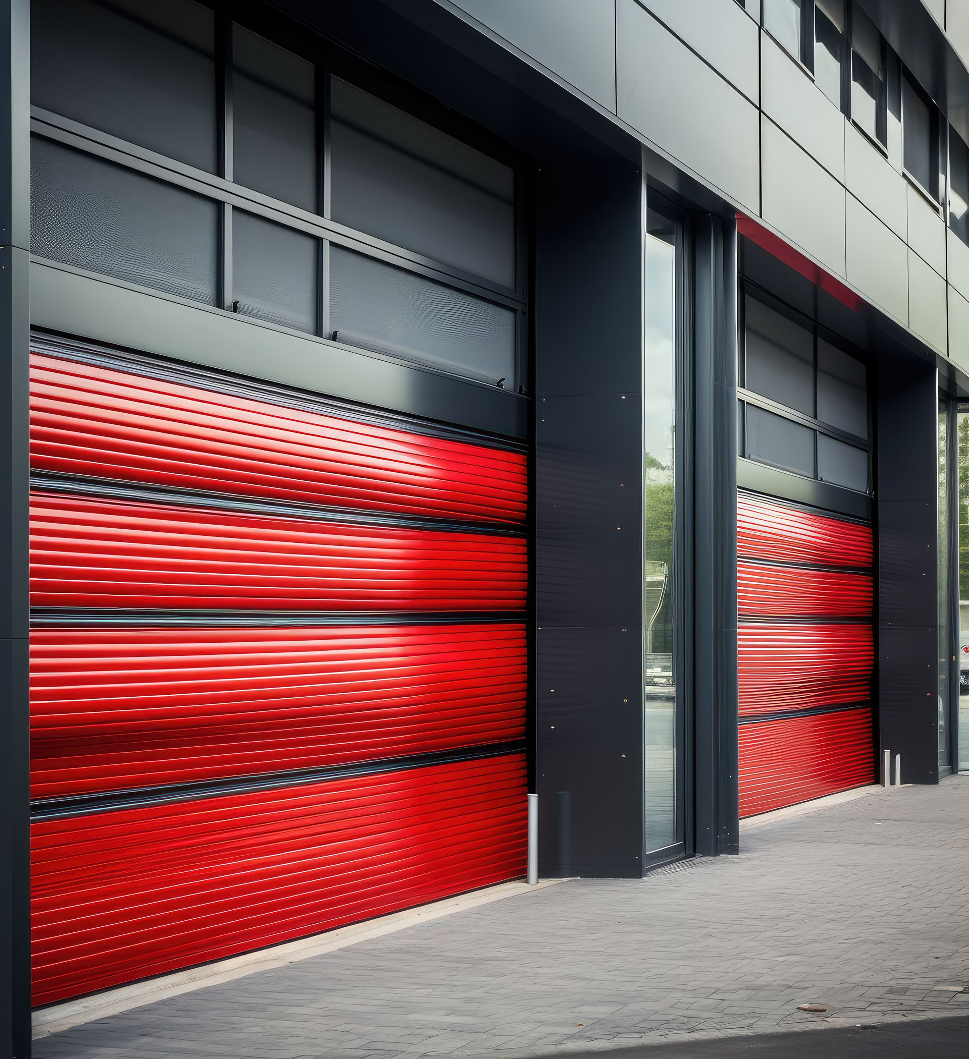 Portes de garage rouges et noires sur un bâtiment moderne.