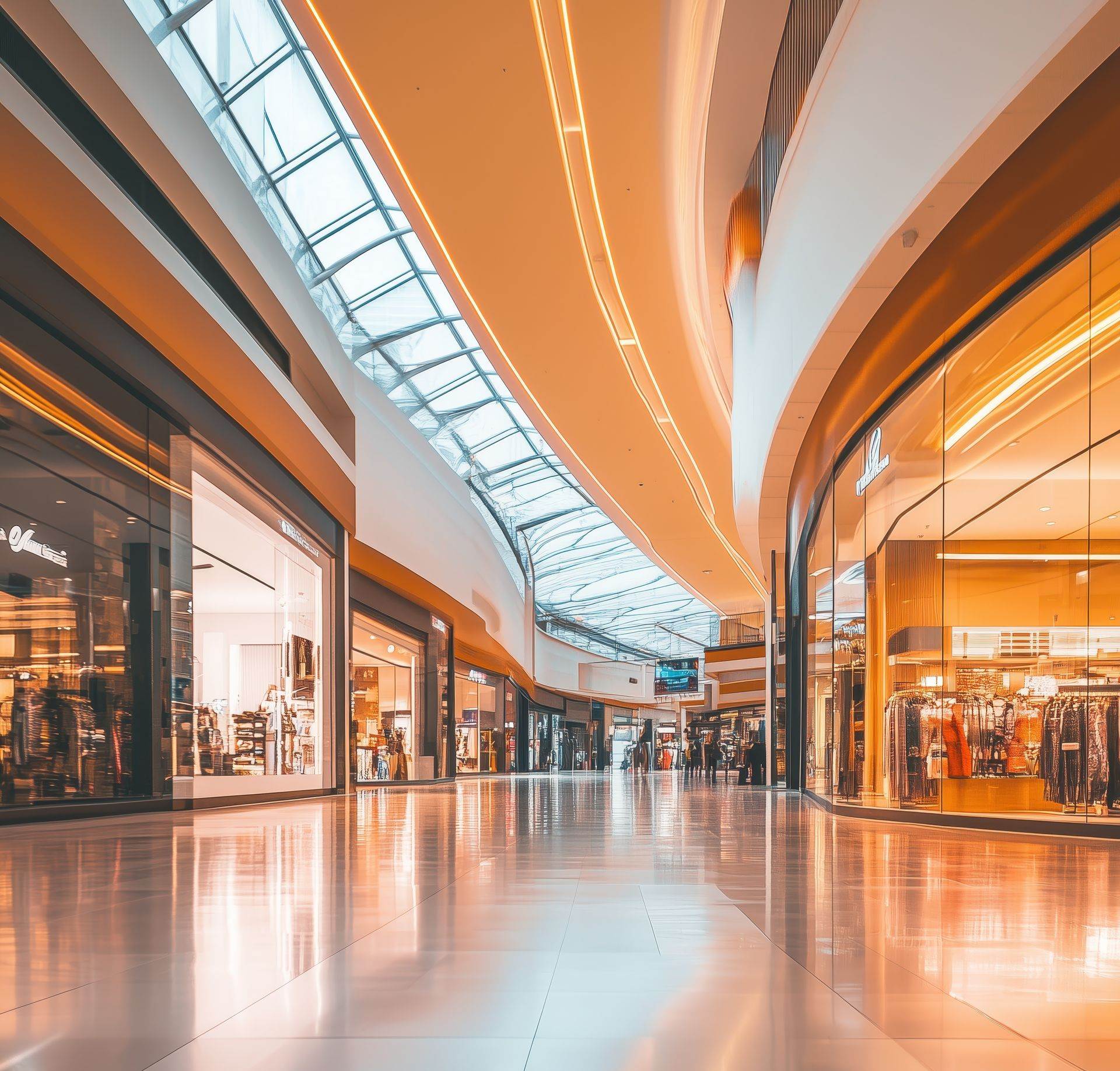 Intérieur d'un centre commercial lumineux avec des façades de magasins en verre, un plafond voûté et un sol réfléchissant.