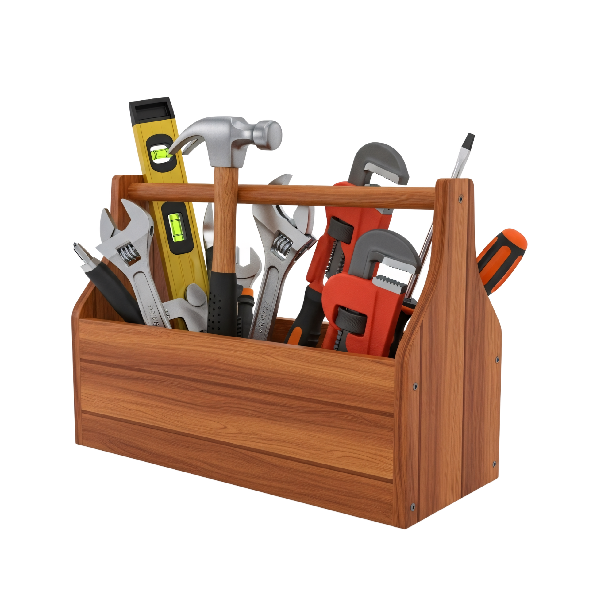 Boîte à outils en bois remplie de divers outils à main, dont un marteau et un niveau.