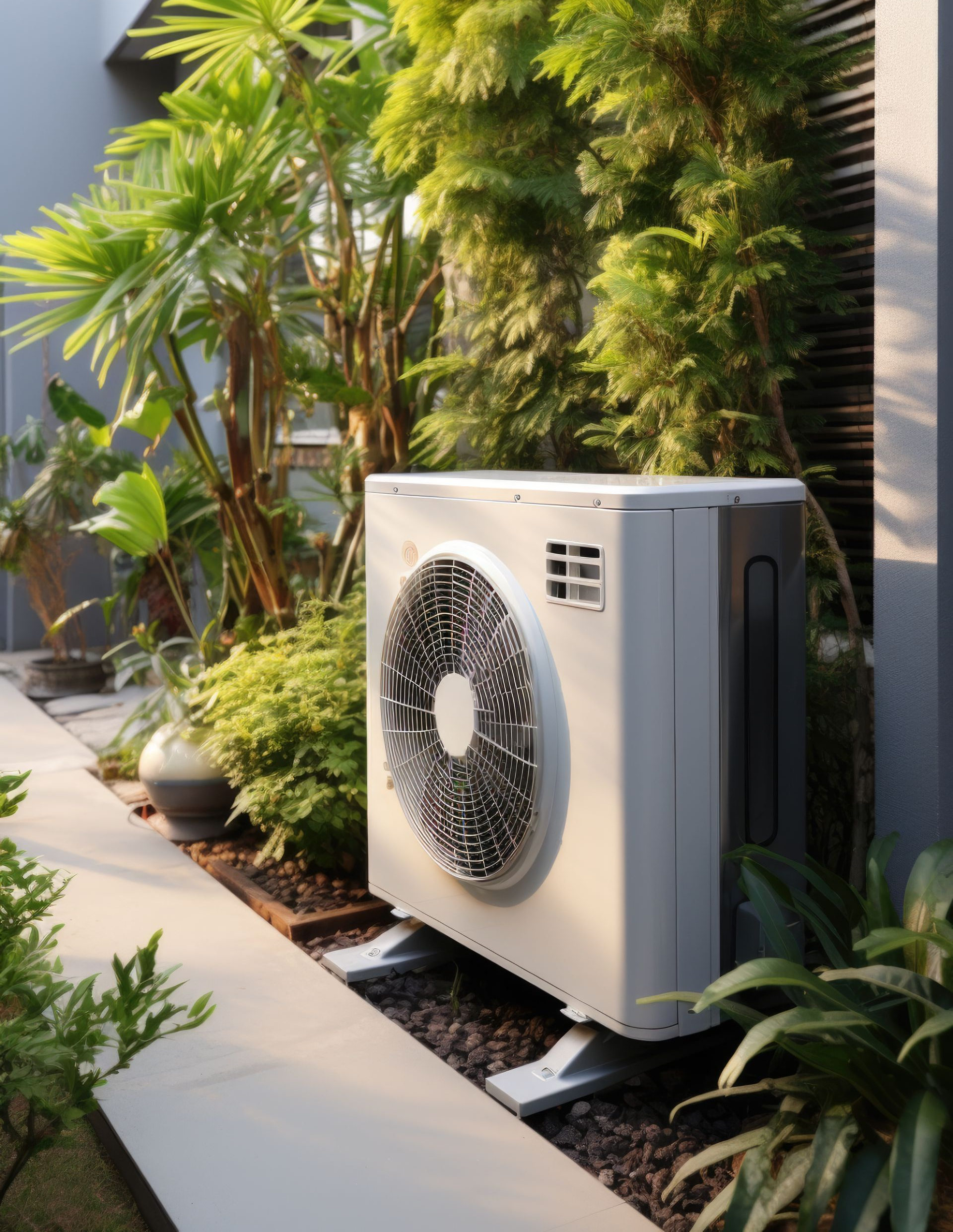 Une unité de pompe à chaleur extérieure dans un jardin paysager, avec des plantes et un chemin de pierre.
