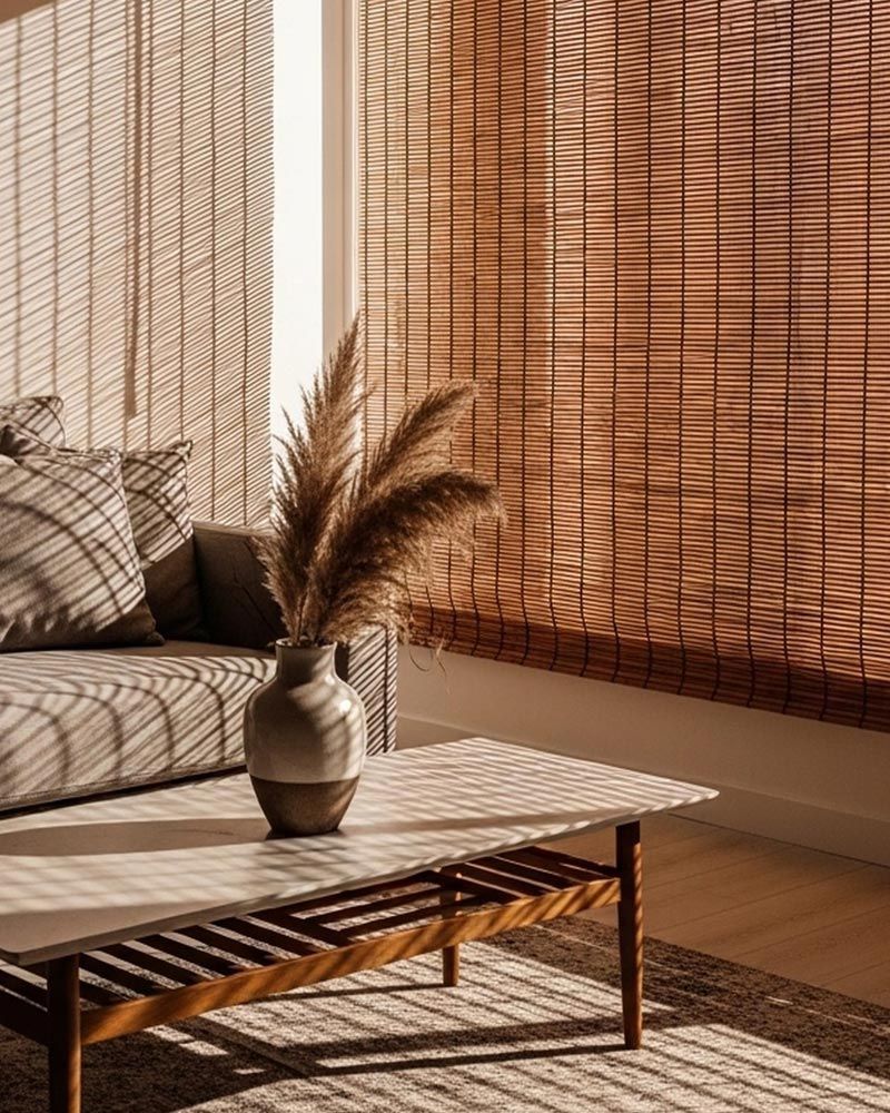 Sala de estar luminosa con persianas de bambú, sofá, mesa de centro y jarrón con hierba de la pampa seca.