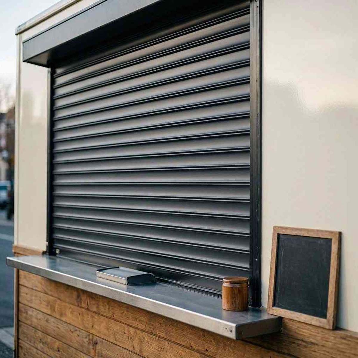 Ventana cerrada de un food truck gris, con una encimera metálica y un pequeño cartel de pizarra